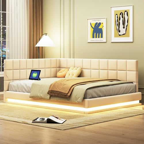 Polsterbett 140x200 mit LED und USB-Anschluss, Bettgestell mit Lattenrost | Tagesbett Schlafsofa Doppelbett Bettsofa Gästebett Jugendbett, Samt, ohne Matratze, Beige
