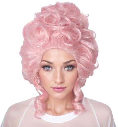 Linfairy Perruque De Cosplay Halloween Bouclée Du 18ème Siècle Pour Adultes Et Femmes De Style Victorien (Rose)
