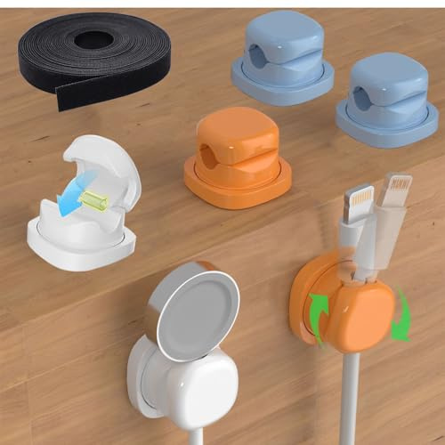 Kabelorganizer Set [inkl. 6 Kabelhalter Selbstklebend Drehbar, 1 Klettband kabelbefestigung] Feder Kabelclips, Kabel Halterung Kleben, Schreibtisch Kabel Organizer, Ladekabel Halterung für Tisch/Wand