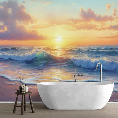 MMYAOKEN Tapete Sonnenuntergang Fototapete Meer Landschaft Wandtapete Wohnzimmer Schlafzimmer Kinderzimmer Moderne Tapeten Vliestapete Wellen Meer Wanddeko 450 x 315 cm (B x H)