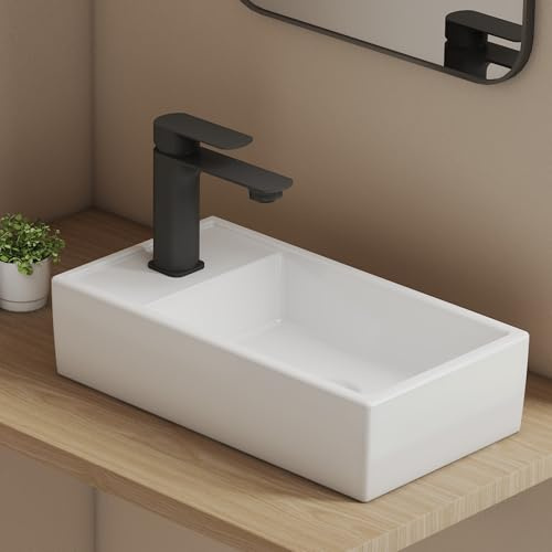 EMKE Kleins Waschbecken, 41, 6 x 22, 3 x 10, 5 cm, Weiß | Hochwertiges Wandwaschbecken, eckig, 45 mm-Ablauföffnung, mit Hahnloch, Aufsatz- und Wandmontage, für Gäste-WC & kleine Bäder