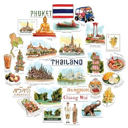 Navy Peony Thailand Sticker-Set – großformatig, handillustrierte Aquarell-Motive, glänzend & wasserfest – für Koffer, Laptop & Wasserflasche (30-teilig)