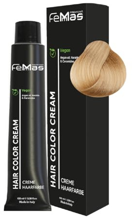 FemMas Haarfarbe Sehr Hellblond Ash Gold 9.13 I Creme Haarfarbe mit Arganöl, Keratin & Ceramiden I Als dauerhafte Haarfärbung oder Tönung für strahlende, haltbare Farbergebnisse I 100 ml