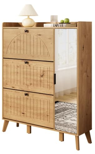 Zapatero Moderno con Espejo y Puertas abatibles – Armario Alto para recibidor con 3 Compartimentos abatibles, balda y Espejo – Organizador de Zapatos Que Ahorra Espacio para la Entrada