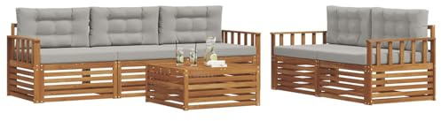 vidaXL Outdoor-Sofagarnitur mit Kissen 6 pcs Natürlich und Hellgrau, Garten, modernes Outdoor-Sofa, gemütliche Terrassen-Sitzgruppe aus robustem Material