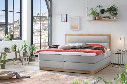 Belanoti Age Boxspringbett 200x200 Eiche 7-Zonen Taschenfederkern Matratze inkl Visco Topper Bett 200x200 in der Farbe Hellgrau H2/H3 Polsterbett Hotelbett mit Massivholz Eiche Massivholzbett
