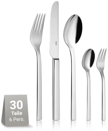 VEGA Native Besteckset 30-teilig für 6 Personen, Edelstahl 18/10, Silber | Spülmaschinenfest & rostfrei, Tafelbesteck hochglanzpoliert, 6 Gabeln, 6 Messer, 6 Löffel, 6 Kaffeelöffel, 6 Kuchengabeln