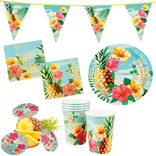 Karneval-Klamotten Party Set XXL Hawaii Blume Hibiskus 31 Teile : Teller, Becher, Servietten, Cocktail-Schirmchen, Wimpelkette