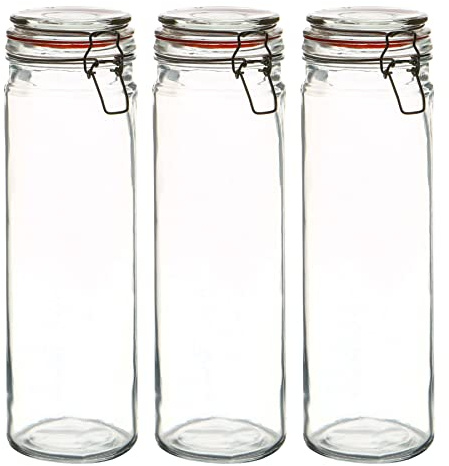 Argon Tableware Glass Jars with Airtight Metal Clip Lid - 2000ml/70.3oz - Pack of 6-4 Colour Seals - Extra Large Storage Container Round Preserving Jar for Pasta, Spaghetti, Linguine & Breadsticks