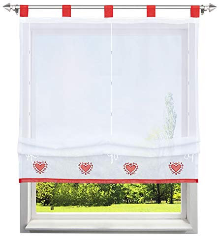 BAILEY JO Raffrollo mit Herz Muster Rollos Stickerei Transparent Voile Vorhang (BxH 140x155cm, Rot mit Schlaufen)