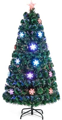 GOPLUS Sapin de Noël Artificiel Fibre Optique, 24 Flocons de Neige Lumières LED et Etoile Sommet, 170 Branches Touffues, Feuilles en PVC, Décoration de Noël, Vert (150)