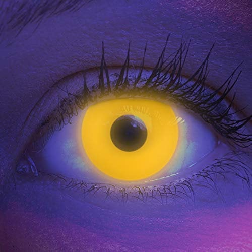 Farbige UV Kontaktlinsen 1 Paar Gelbe Schwarzlicht Glow Yellow Neon Farblinsen. Jahreslinsen Topqualität zu Halloween, Fasching, Fastnacht, Karneval inkl. Kontaktlinsenbehälter - Ohne Stärke