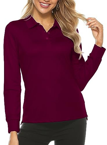 AIRIKE Women's Long Sleeve Polo Shirts Lady Fit Premium Cotton Casual Golf Tennis Work Polo T-Shirt Wine Red Size S