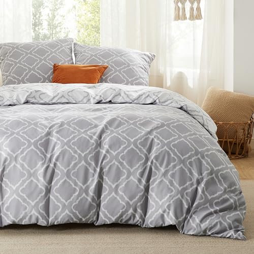 BEDSURE Bettwäsche 220x240 3teilig Bettbezug - Bettwäsche-Sets 220 x 240 cm mit 2 Kissenbezüge 80x80 cm, ÖKO-TEX Wendebettwäsche Bedding Gitter Grau Muster für Doppelbett mit Reißverschluss