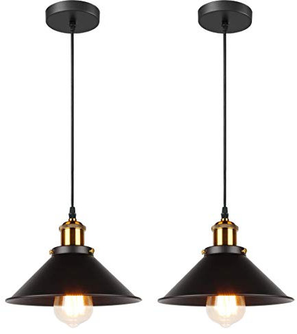 iDEGU 2 Piezas Lámparas Colgantes Vintage, 22CM Lámparas de Techo Retro de Metal Estilo Edison Industrial E27 Iluminación Luz de Techo Colgante para Comedor, Cocina, Salón, Bar, Restaurante (2x Negro)