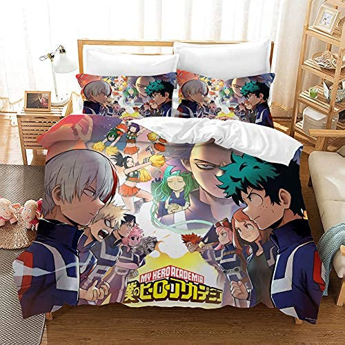 PTNQAZ Anime My Hero Academia Bettwäsche-Set für Kinder, Bettbezug-Sets mit Kissenbezügen, Cartoon-Heimtextil-Dekor, Bettwäsche für Jungen (ohne Bettlaken) (Doppelbett)