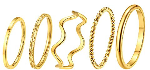 GOLDCHIC JEWELRY Fashion Damenring im 5-Set Edelstahl Ultrafeiner Blumenring Ripple-Ring Drehring Gebogener Ring Ringgröße 48-54.5 in Gold 5 Count Typ 6 Gold