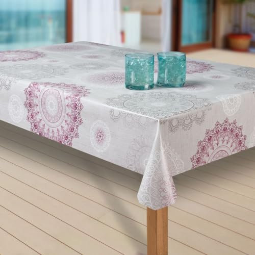 laro Wachstuch-Tischdecke Abwaschbar Garten-Tischdecke Wachstischdecke PVC Plastik-Tischdecken Eckig Meterware Wasserabweisend Abwischbar G03, Muster:Mandala grau-rot, Größe:100x160 cm