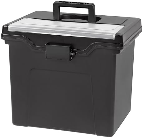 IRIS USA File Box with Lid File Organizer for Letter File w/Organizer-Lid, Plastic Mobile Filing Organizer, Water Resistant Document Box, Portable File Box with Handle, Secure Buckle, Lockable, Black
