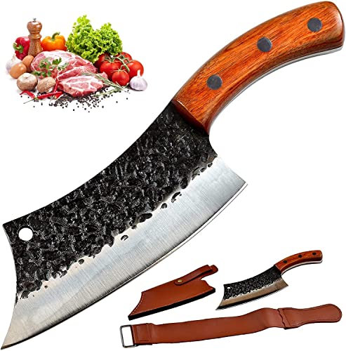 Couteaux de cuisine serbes (couperet), couteau de chef avec gaine et cuir, couteau de boucher pour couper la viande et les légumes, couteau de chef, couperet pour la maison, le camping et le barbecue