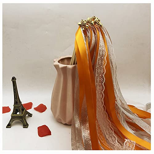 Egurs Zauberstäbe mit Band Glocken Für Hochzeit 30 Stück Spitzen Fee Stick Luftschlangen Spitzenband Zauberstäbe Wedding Wands für Hochzeit, Weihnachten, Geburtstag, Party Orange 30 Stück