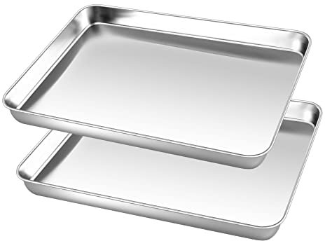 Small Baking Tray, Onader Stainless Steel Oven Trays Cookie Sheet Pan, Set of 2 Perfect for Baking Cooking Serving, Non Toxic & Healthy, Heavy Duty & Mirror Finished & Dishwasher Safe, 26.4x20.4x2.5cm