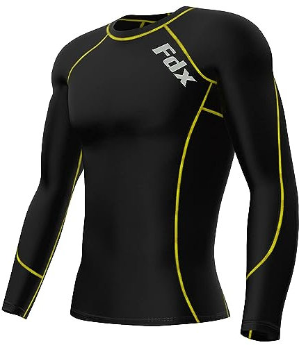 FDX Men's Compression Base Layer Top, Lightweight, Breathable, Long Sleeve Body Fit Quick Dry Cool Shirt All Season for Running Gym Workout Training Fitness Exercise(Black/Yellow, S)