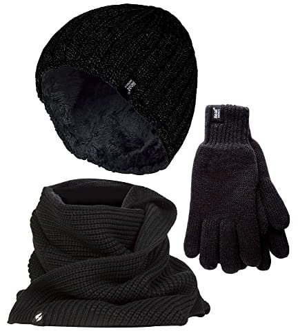 HEAT HOLDERS Herren Stricken Mütze Schal Handschuhe Set Luxuriös Warme Fleece Thermo Winterse (M-L, Schwarz)