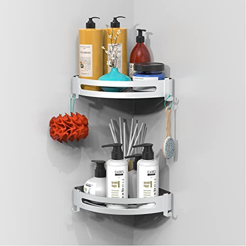 Raoot Bohrinstallation - Duschregal, Silber Duschablage, Dreieck Duschkorb, Duschablage -Verdickter, Badezimmer Badregal, Eckregal Dusche für Bad Küche Toilette, Aluminium, 2 Stück