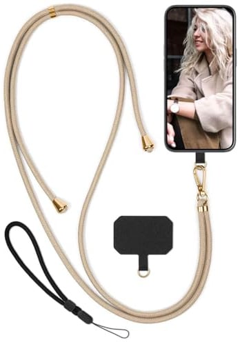 moex Unleash für iPhone 12 mini Handyband zum Umhängen ohne Hülle, Handykette Universal mit Karabiner, Handy Band abnehmbar, Kette mit Pad für Handyhülle, Beige, Gold