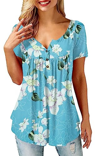 Beluring Ladies Casual V Neck Tops Summer Short Sleeve Flower Print Pleated Tunic Blue Size 16 18