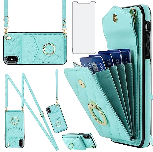 Asuwish Handyhülle für iPhone XS/X Hülle mit Band Folie Schutzfolie RFID Ring Ständer Kartenfach Klappbar Geldbörse iPhone10Hülle i 10 10s 10x 10xs Handy Hüllen Schutzhülle Damen Phone Leder Case Teal
