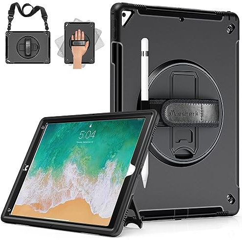 Miesherk Hülle für iPad Pro 12.9 2./1. Generation 2017/2015: Militärische Stoßfeste Schutzhülle Case Cover für iPad Pro 12.9 Zoll-Stifthalter-360° Drehbare Ständer-Handschlaufe-Schultergurt-Schwarz