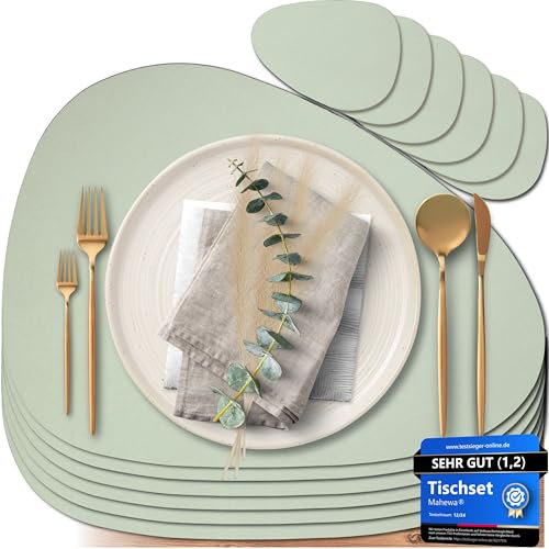 Mahewa® 6er Set Premium Tischset aus Kunstleder - Platzset abwaschbar und wasserdicht - Platzdeckchen Telleruntersetzer in Lederoptik (Mintgrün, Oval)