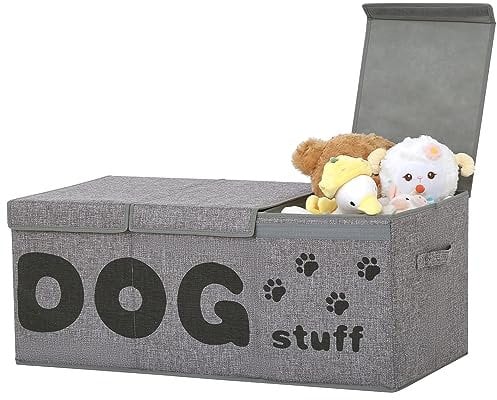 Qozary Dog Toy Storage Box - Large Dog Toy Bin, 3 Grids Dog Toy Storage Basket With Lid, Foldable Storage Bin for Dog Toys, Dog Toy Basket for Pet Supplies, Perfect To Keep Your Dog Toys Organized