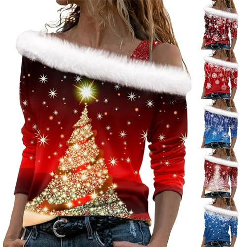 Sweatshirt Damen Ugly Christmas Sweater Wolle Yoga Shirt Damen Jacken Damen Weihnachten 3D Druck Plüsch Schulterfrei Langarm Pulli Shirt Mit Schulterriemen Xmas Weihnachtspullover Lustig (Blue, M)
