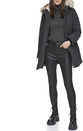 DKNY Damen Faux Fur Trim Hooded Jacket Anorak, Schwarz, L