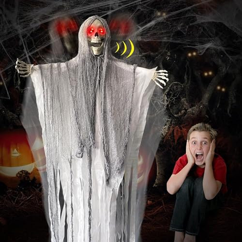 Halloween Hängende Skelett Deko Garten: Geist Draußen Dekoration Hängend Geister Totenkopf Gespenst Schädel Dekoartikel Leuchtend Augen Und Horror Sound für Party Outdoor Haustür Außen Deco Requisiten