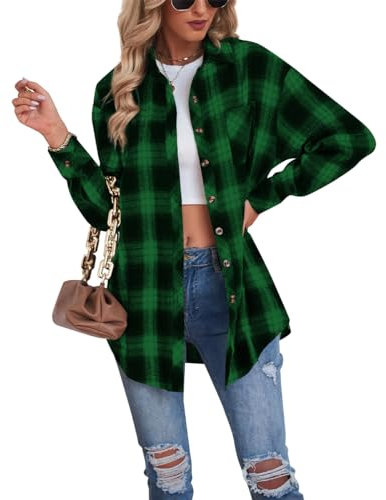 Buliezy Chemise Femme a Carreaux Manche Longue Chemisier élégant Chemise Classique Coton Plaid Veste,Vert,M