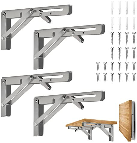 4Pezzi Staffa Pieghevole 250mm,Mensola per Tavolo da Muro,Staffe Mensole Pesanti,Reggimensola Pieghevoli Inox,Supporti Tavolo a Parete Folding Mensola per Banco di Lavoro Fai da Te,Carico Massimo:60kg