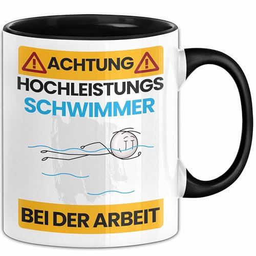Schwimmer Tasse Geschenk Lustiger Spruch Geschenkidee für Schwimmer Achtung Hochleistungs Schwimmer Bei Der Arbeit (Schwarz)