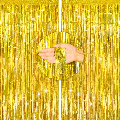 G2PLUS Gold Glitter Foil Curtains, 2PCS Metallic Tinsel Foil Fringe, 1m×2.5m Party Backdrop Streamers for Birthday Wedding Graduation Prom Decoration