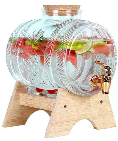 ZBOLI Distributeur de Boissons en Verre avec Robinet 1 3 5 L, Support 100% Anti-Fuite, bocaux en Verre Transparent, Bouchons en Bois, Distributeur d'eau, récipient de jus pour Bureau/Camping 3L