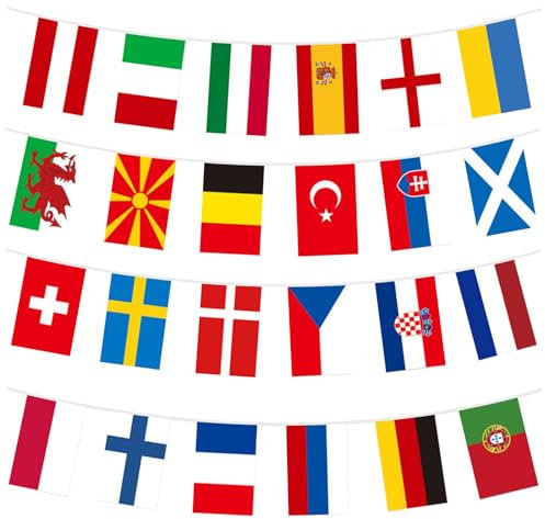 EM 2024 Wimpelkette Stoff Outdoor Fussball EM 2024 Flaggen Deko 24 Länder Fahnen Wimpelkette Europa Doppelseitige Wimpelgirlande Flaggenkette Fußball EM 2024 für Bar Party Garten Deko (20 x 28 cm)