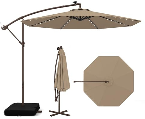 COSTWAY Ombrellone da Giardino 300 cm, 40 Luci LED Solari, Anti-UV, Inclinazione Regolabile, Manovella, 2 Sacchi di Sabbia, 8 Stecche per Esterno Piscina Patio (Marrone)