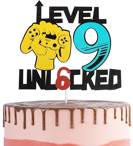 Video Game Cake Topper 9th for Boys,Kids Birthday Cake Decorations,Game Level Theme Cake Cupcake Topper Game On Cheers Happy 9th Birthday Cake Toppers for Kids,Boy,Gaming 9th Party Cake Decor