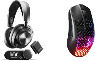 SteelSeries Arctis Nova Pro Wireless Gaming-Headset & Aerox 3 Wireless - RGB Gaming-Mouse mit Öffnungen in der Oberfläche