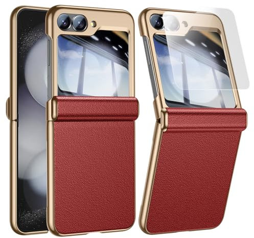 spoovcto for Samsung Galaxy Z Flip6 / Flip7FE Leather Case: Magnetic Hinge Protection, Built-in Screen Protector, Soft Nappa Leather + Shiny Gold Edge Phone Cover for Galaxy Z Flip 6 / Flip7FE Red