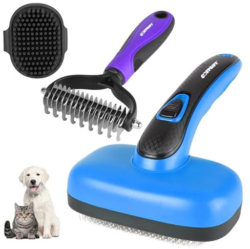 3PCS Dog Brush Kit for Dogs, Cats & Small Animals. Self-Cleaning Slicker Brush for Short & Long Hair, Haired Breeds, Dual-Sided Undercoat Rake, Bath Tool. Safe Steel Pins, Ideal for Most Pets. Blue