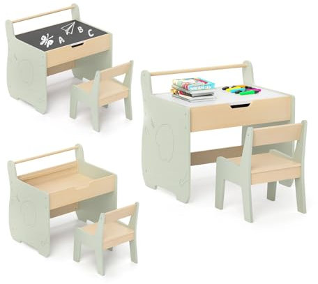 DREAMADE 3 in 1 Kindersitzgruppe, Kinder Tisch Stuhl Set mit Whiteboard & Kreidetafel & Stauraum, Abnehmbarer doppelseitiger Kindertisch mit Stuhl, Aktivitätstisch Set für Kinder (Grün)